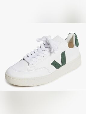 Veja V-12 Leather Sneakers in the Extra White/Cyprus colorway, US 8